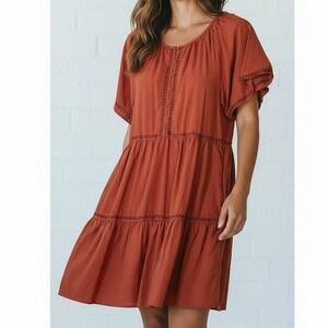 Beachlunchlounge Dress Women Large Orange Boho Chic Coastal Peasant Embroidered